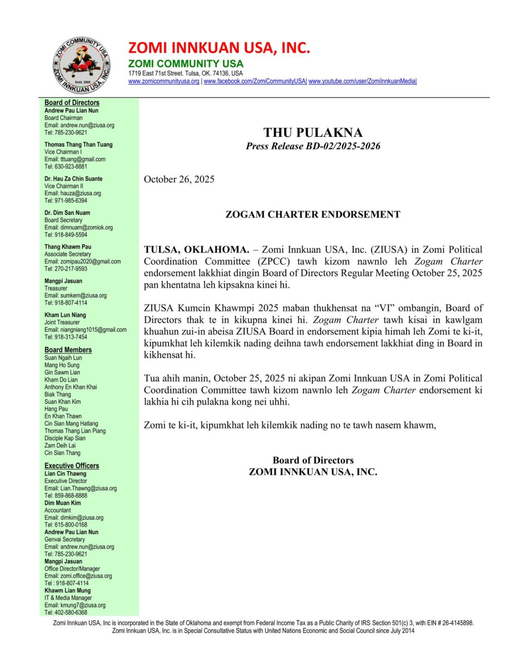 ZIUSA in ZPCC tawh kizop nawnlo ding leh Zogam Charter endorsement lakkhia ta!